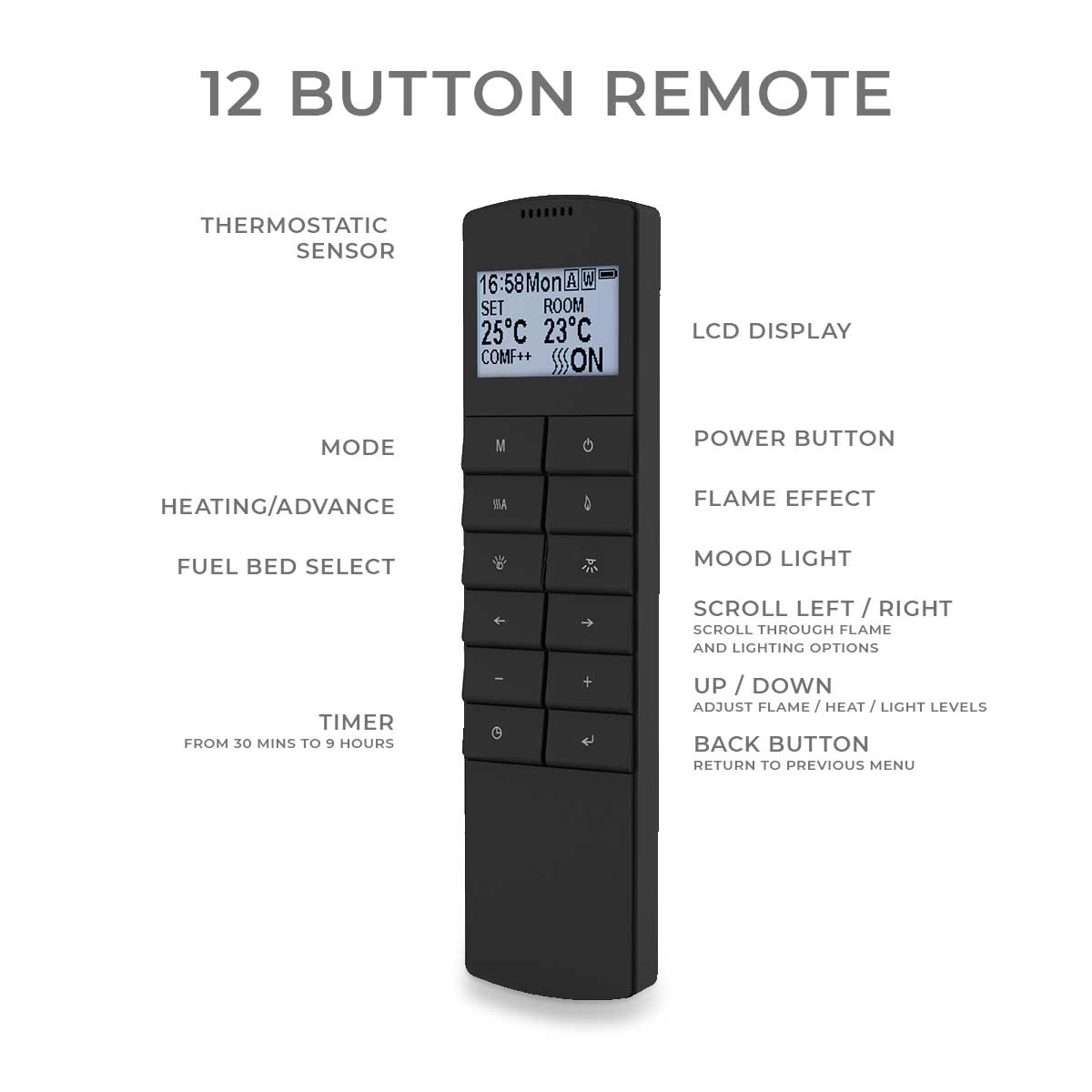 12 button lcd remote control with BOTH uplight and downlight function for electric fires